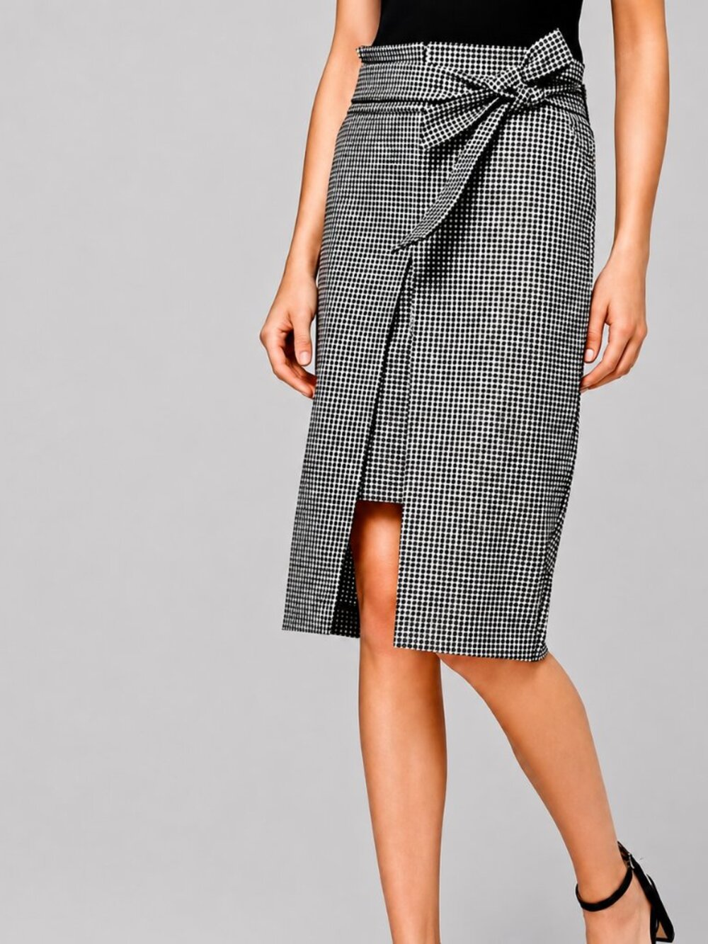 White House Black Market Gingham Pencil Skirt Wrap Front Tie Belt SZ 10 Mod Chic